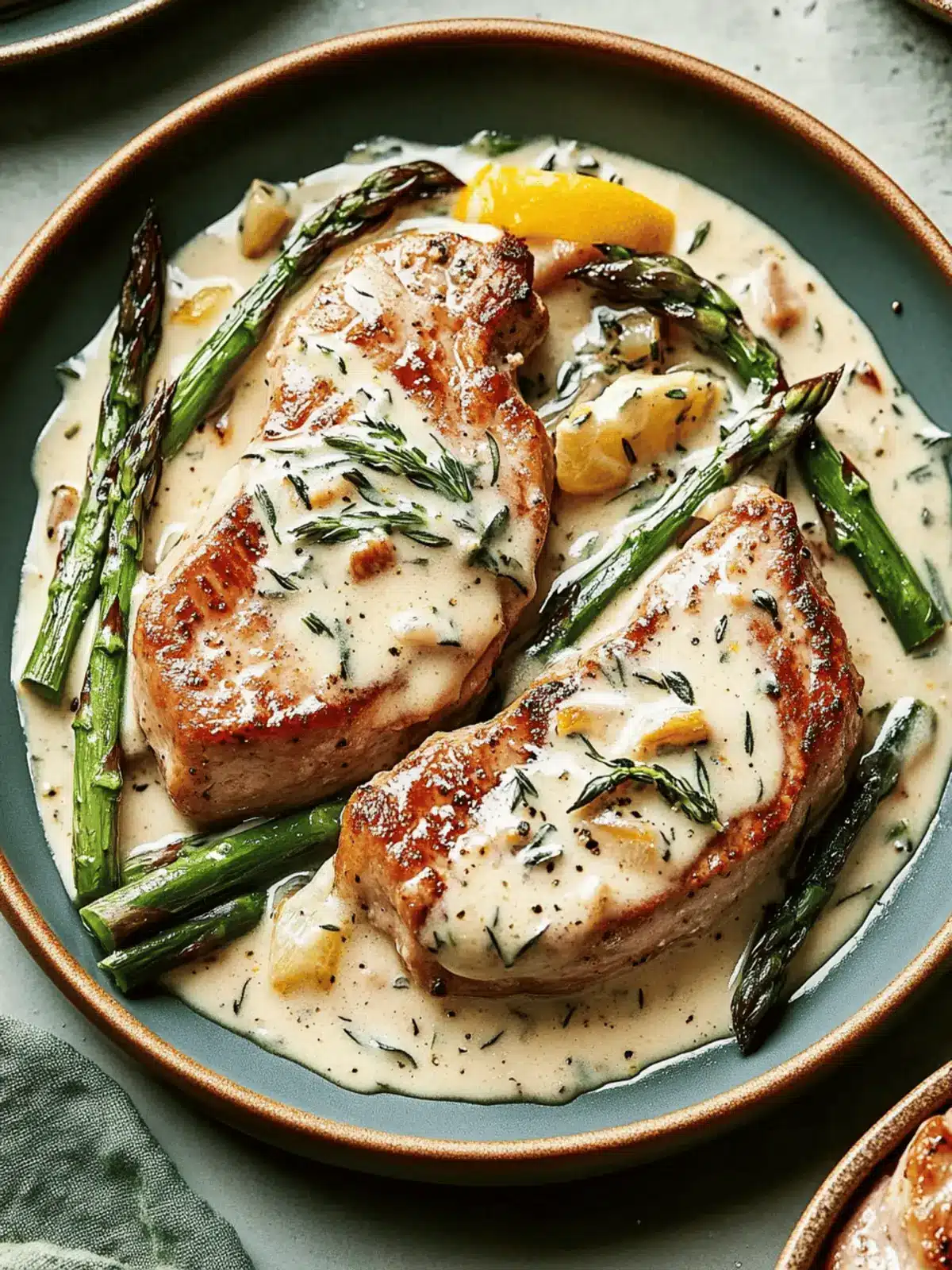 Pork Chops with Asparagus in Luscious Lemon Sage Cream Sauce 2 Pork Chops with Asparagus in Luscious Lemon Sage Cream Sauce