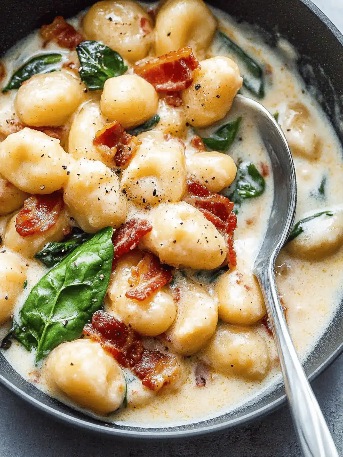 Creamy Potato Gnocchi in Bacon Spinach Sauce in 20 Minutes 3 Potato Gnocchi in Bacon Spinach Cream Sauce