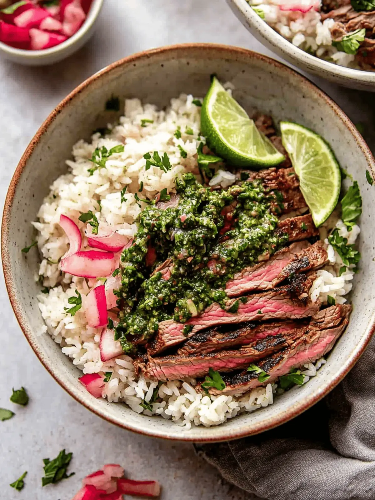 Savory Skirt Steak Rice Bowls with Zesty Chimichurri Sauce 4 Skirt Steak Rice Bowls with Chimichurri Sauce