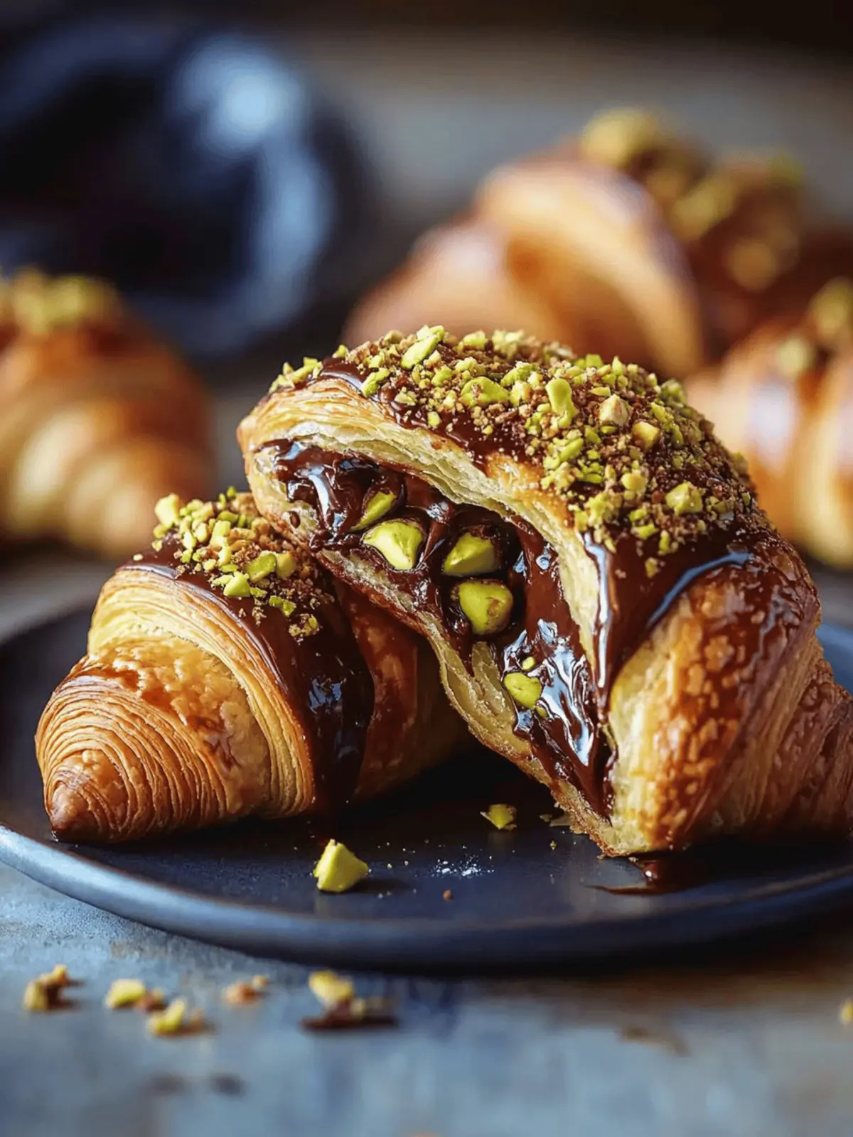 Pistachio Chocolate Croissant with Decadent Ganache Drizzle 5 Pistachio Chocolate Croissant with Melted Ganache and Crunchy Topping