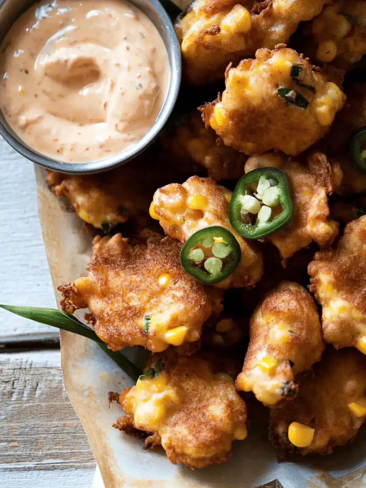 Crispy Jalapeño Garlic Corn Fritters with Chipotle Aioli Delight 2 Jalapeño Garlic Corn Fritters with Chipotle Aioli