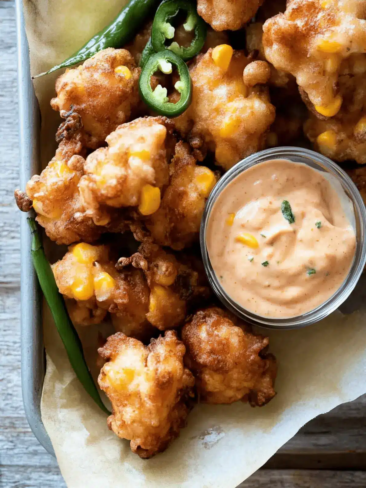 Crispy Jalapeño Garlic Corn Fritters with Chipotle Aioli Delight 5 Jalapeño Garlic Corn Fritters with Chipotle Aioli