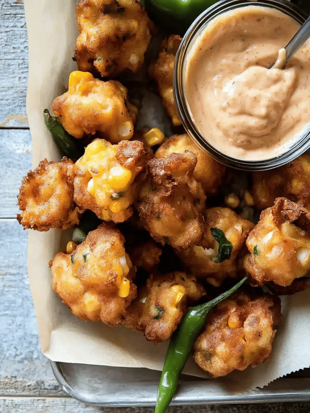 Crispy Jalapeño Garlic Corn Fritters with Chipotle Aioli Delight 3 Jalapeño Garlic Corn Fritters with Chipotle Aioli