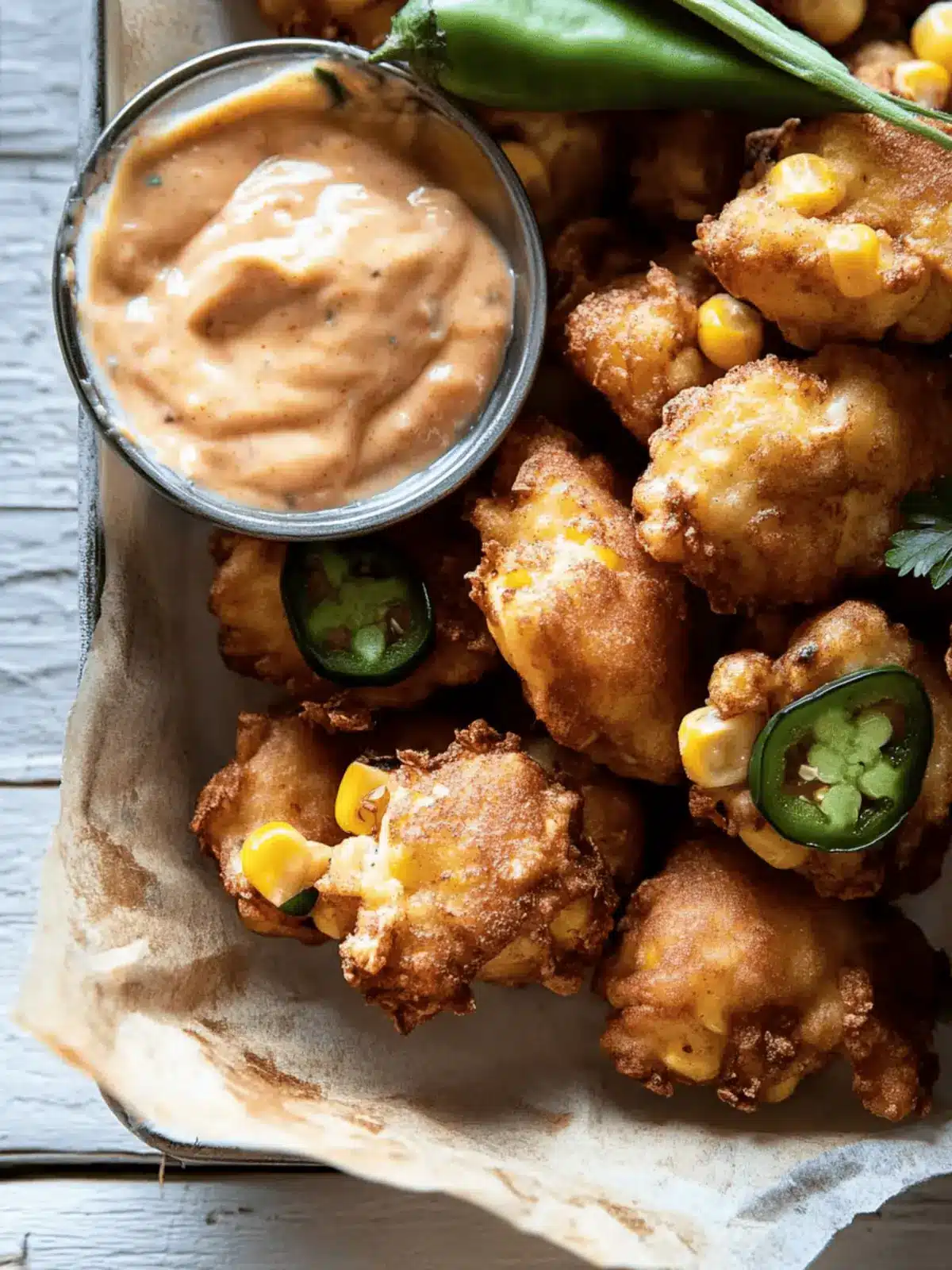 Crispy Jalapeño Garlic Corn Fritters with Chipotle Aioli Delight 4 Jalapeño Garlic Corn Fritters with Chipotle Aioli