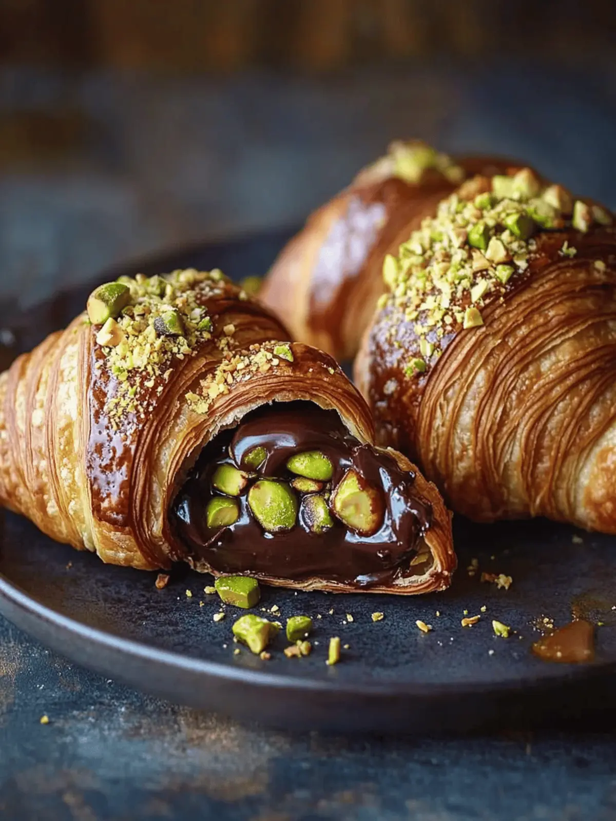 Pistachio Chocolate Croissant with Decadent Ganache Drizzle 2 Pistachio Chocolate Croissant with Melted Ganache and Crunchy Topping