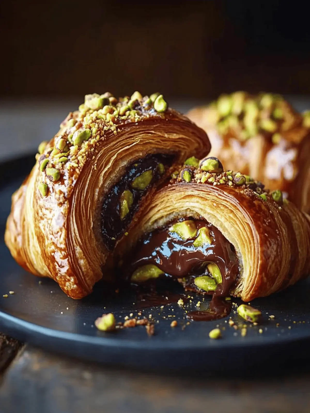 Pistachio Chocolate Croissant with Decadent Ganache Drizzle 3 Pistachio Chocolate Croissant with Melted Ganache and Crunchy Topping