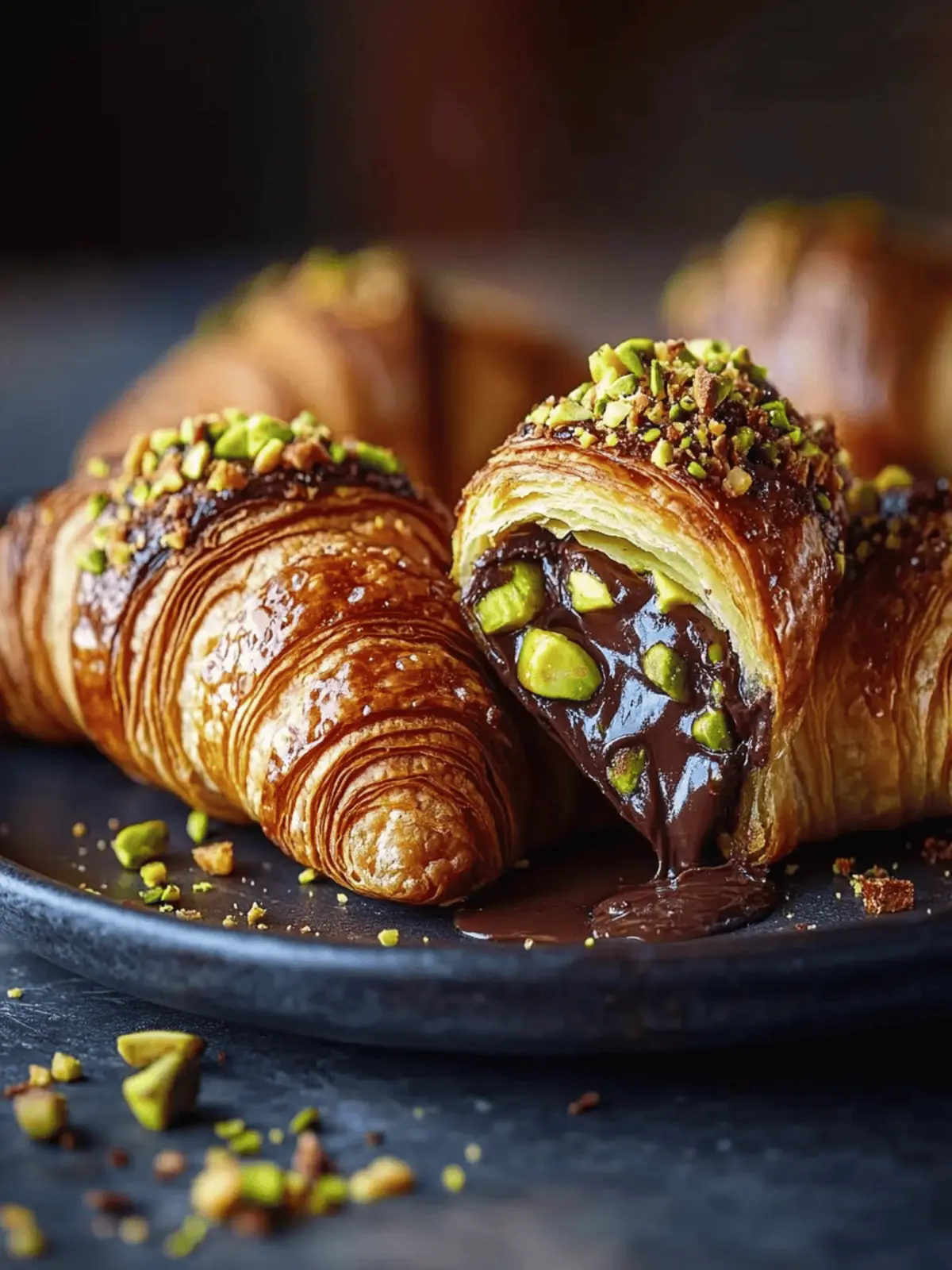 Pistachio Chocolate Croissant with Decadent Ganache Drizzle 4 Pistachio Chocolate Croissant with Melted Ganache and Crunchy Topping