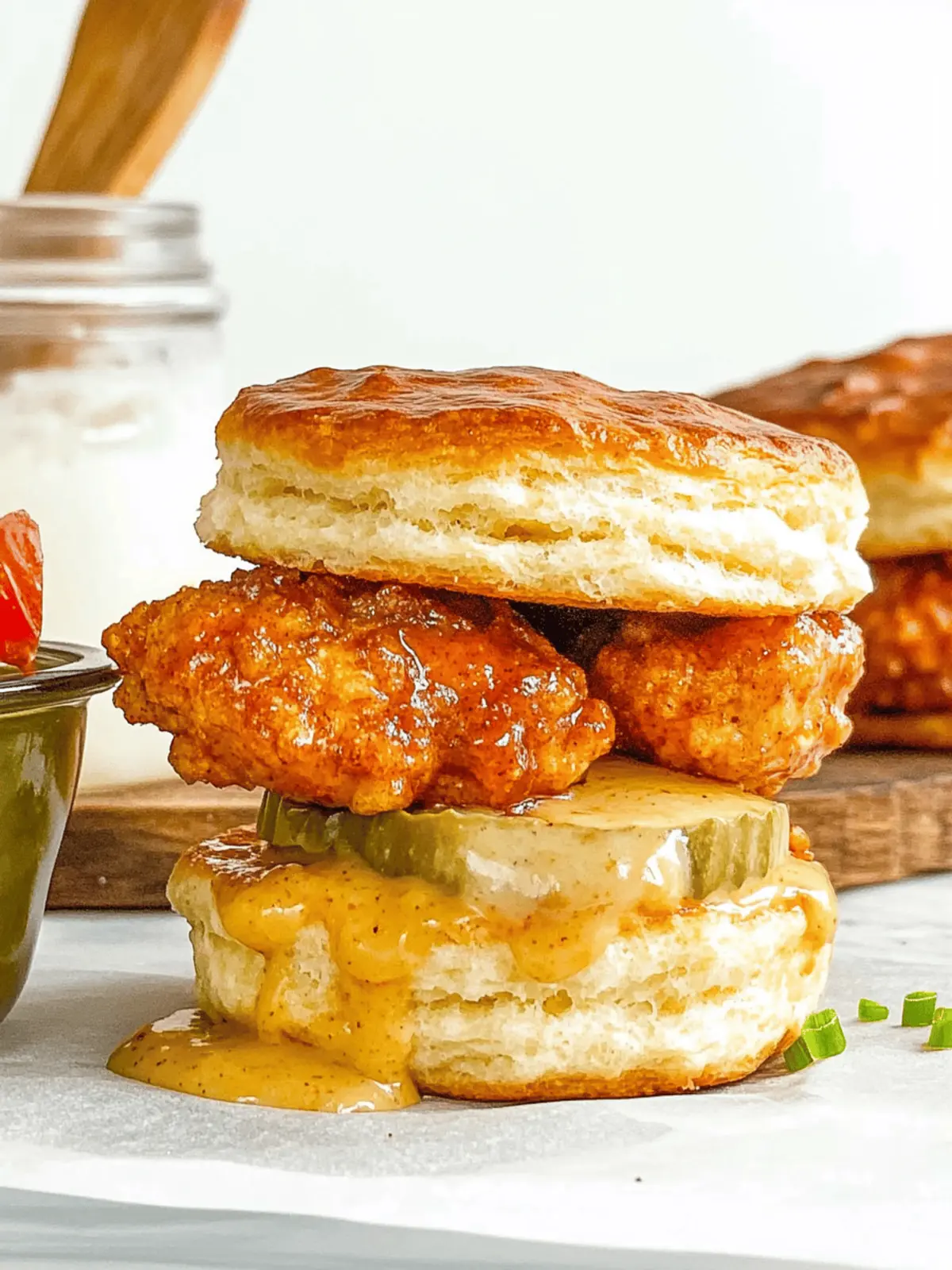 Savory Spicy Chicken Biscuit Sandwich with Sweet Honey Drizzle 3 Spicy Chicken Biscuit Sandwich