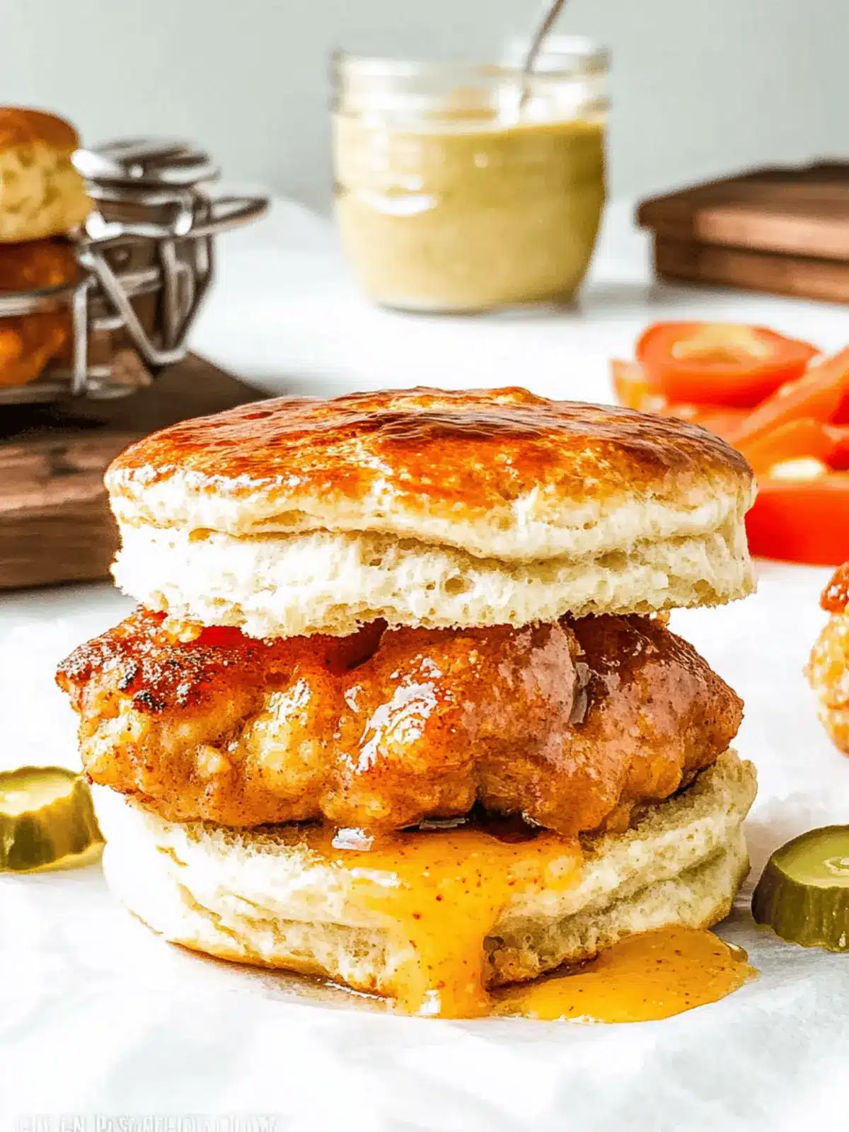 Savory Spicy Chicken Biscuit Sandwich with Sweet Honey Drizzle 4 Spicy Chicken Biscuit Sandwich