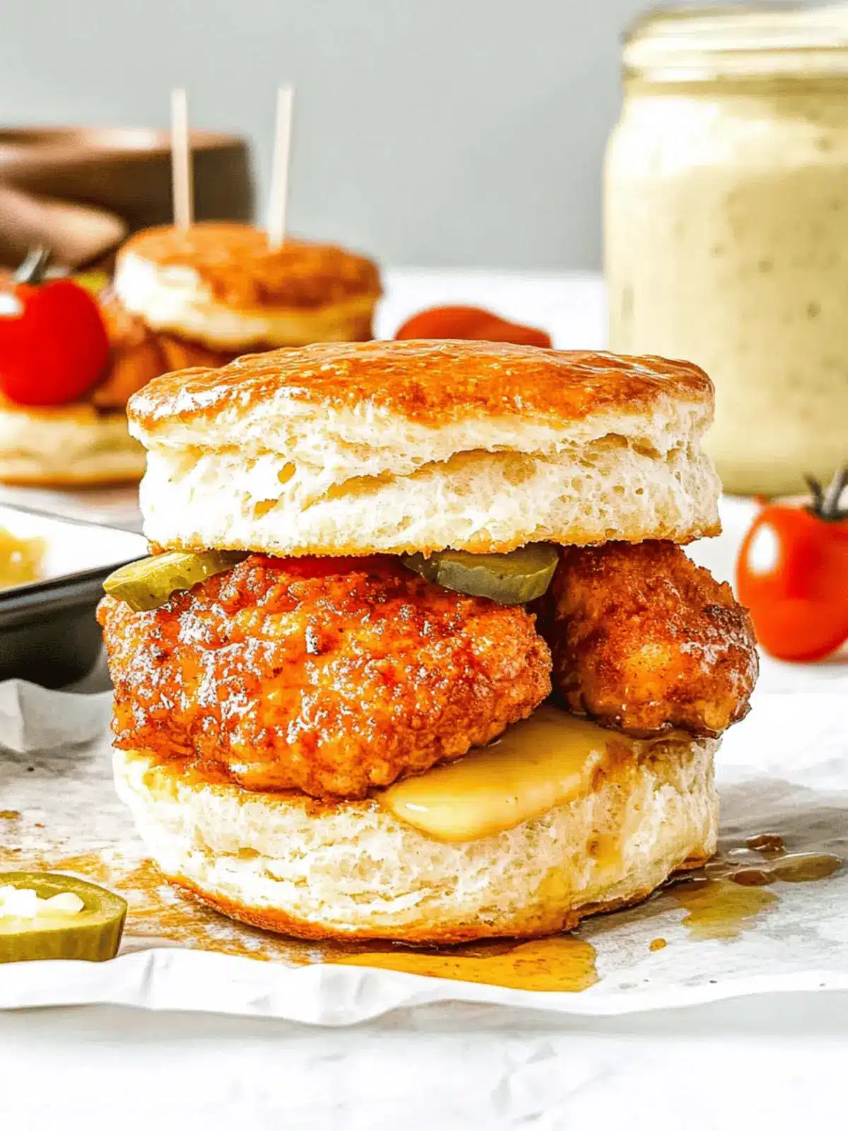 Savory Spicy Chicken Biscuit Sandwich with Sweet Honey Drizzle 5 Spicy Chicken Biscuit Sandwich