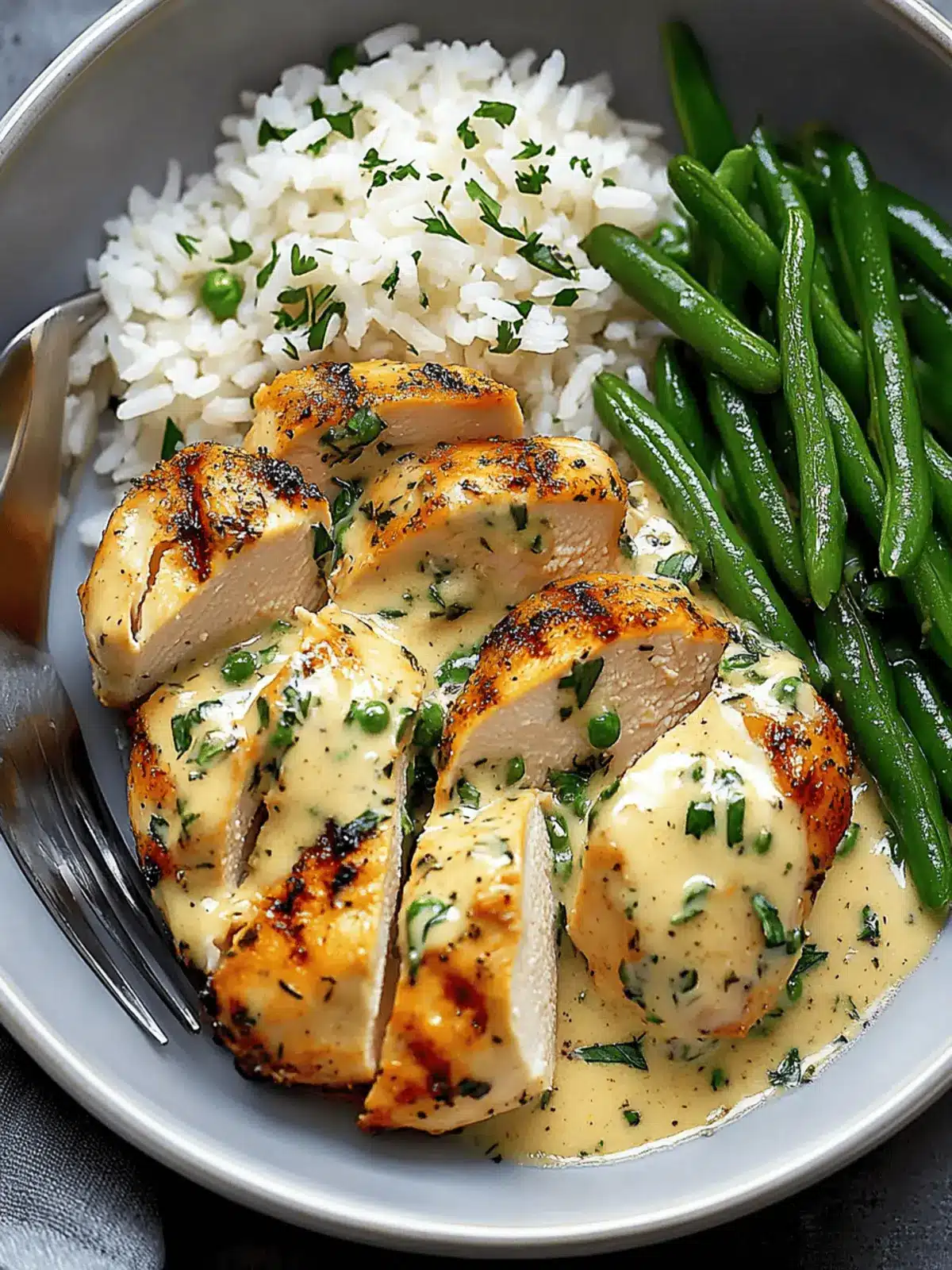 Delicious Creamy Herb Chicken with Green Beans & Steamed Rice 2 Creamy Herb Chicken with Green Beans & Steamed Rice