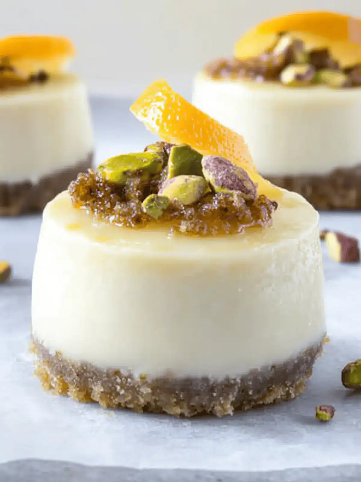 Delightful Goat Cheese, Honey & Pistachio Mini Cheesecakes! 3 Goat Cheese, Honey & Pistachio Mini Cheesecakes with Meyer Lemon Cream