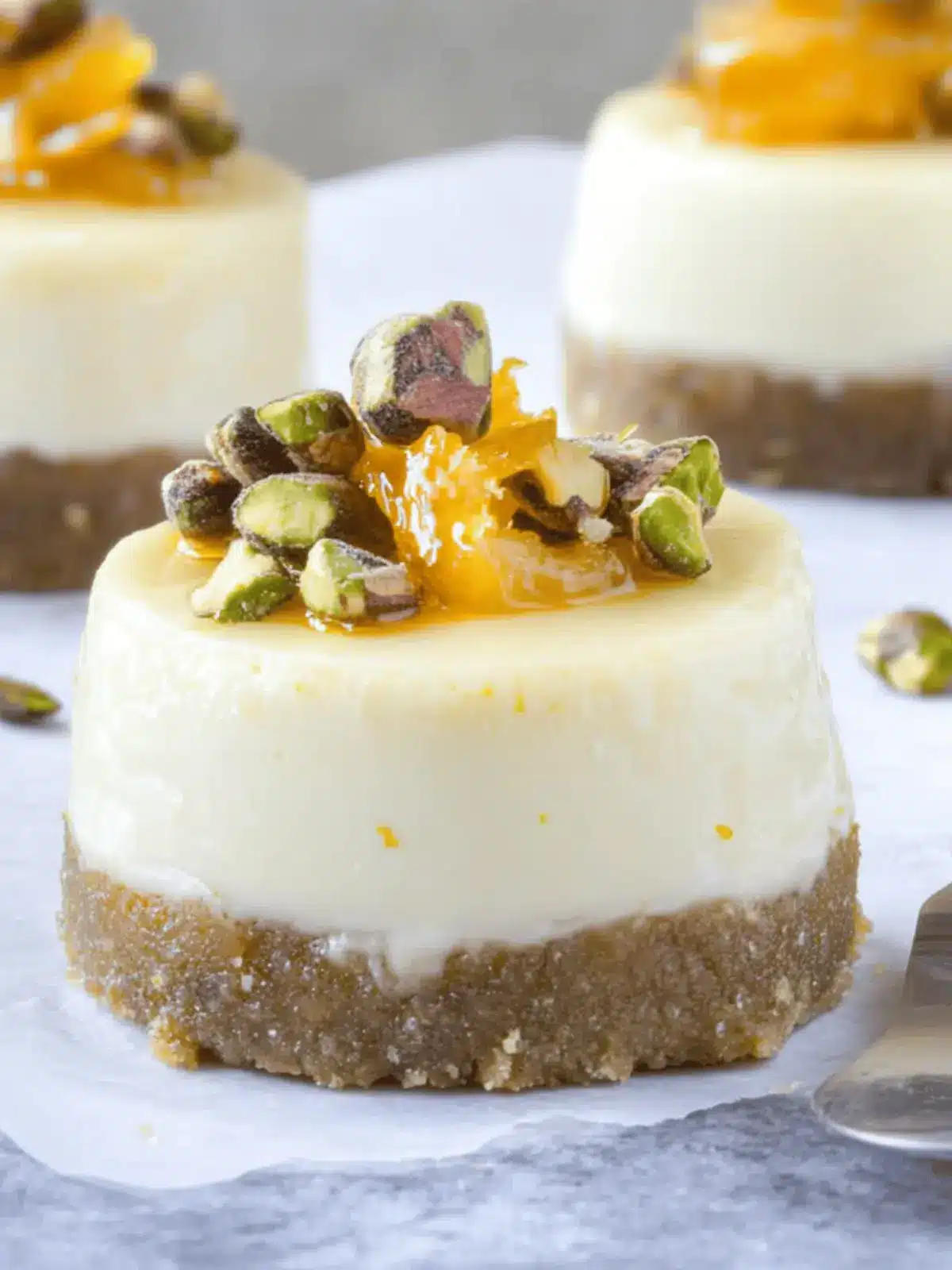 Delightful Goat Cheese, Honey & Pistachio Mini Cheesecakes! 4 Goat Cheese, Honey & Pistachio Mini Cheesecakes with Meyer Lemon Cream
