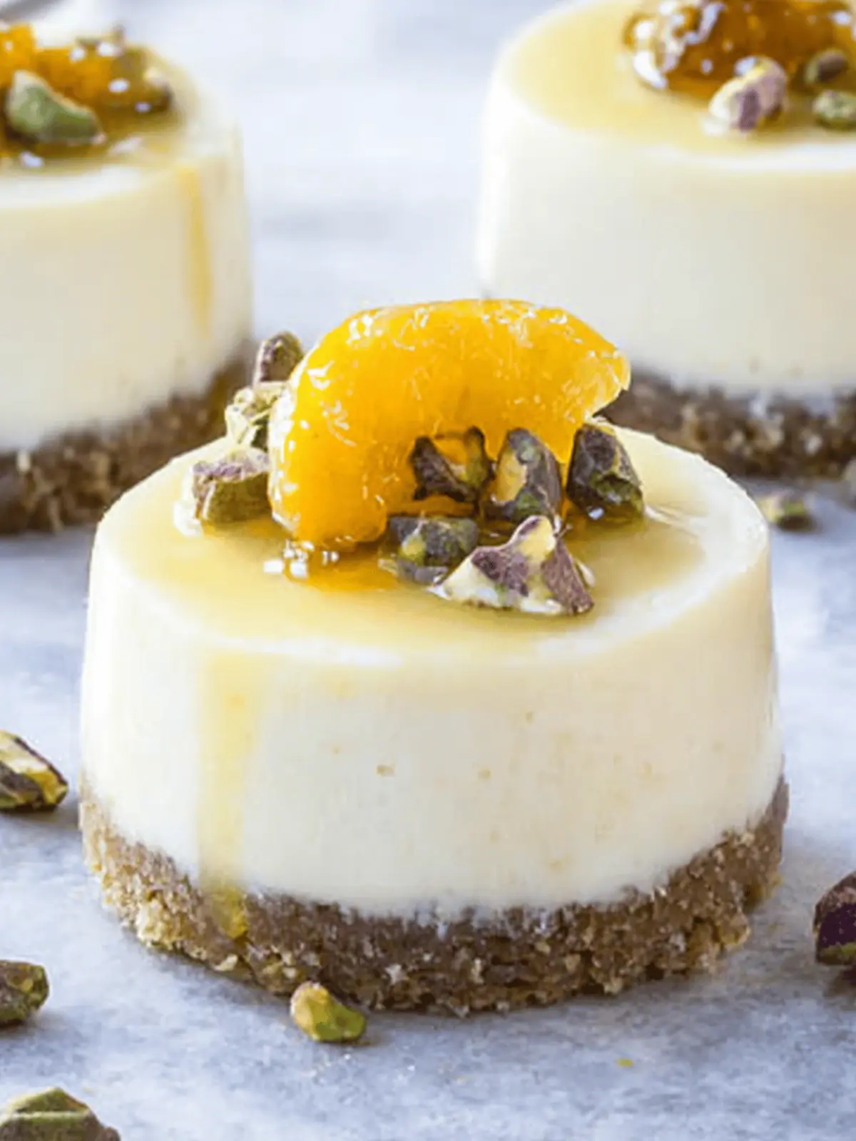 Delightful Goat Cheese, Honey & Pistachio Mini Cheesecakes! 2 Goat Cheese, Honey & Pistachio Mini Cheesecakes with Meyer Lemon Cream