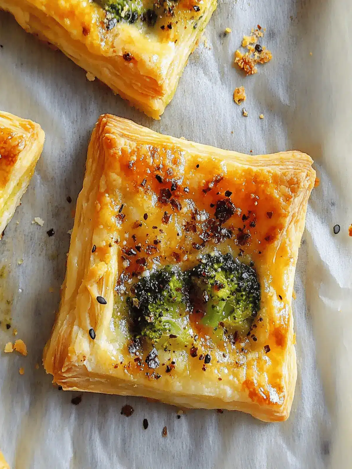 Delicious Upside Down Puff Pastry Squares with Broccoli & Cheddar 4 Upside Down Puff Pastry Squares with Broccoli & Cheddar