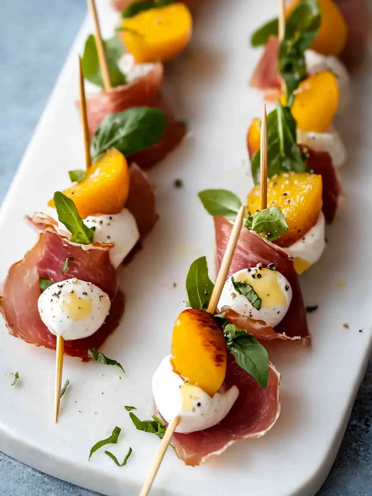 Mozzarella, Prosciutto, and Pickled Peach Skewers Delight 2 Mozzarella, Prosciutto, and Pickled Peach Appetizer Skewers