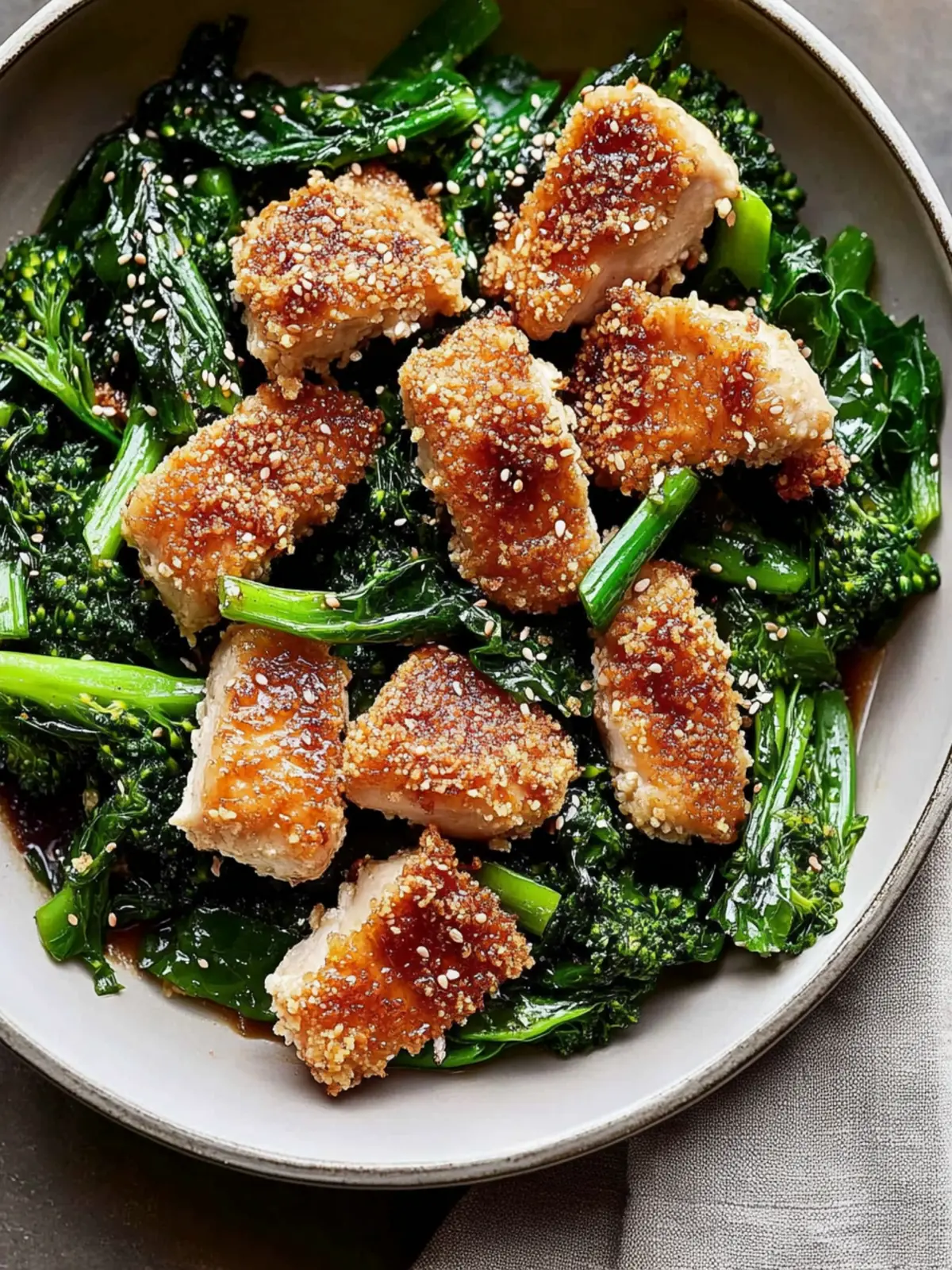 Ultimate Garlic Sesame Broccoli Rabe with Panko Crusted Chicken