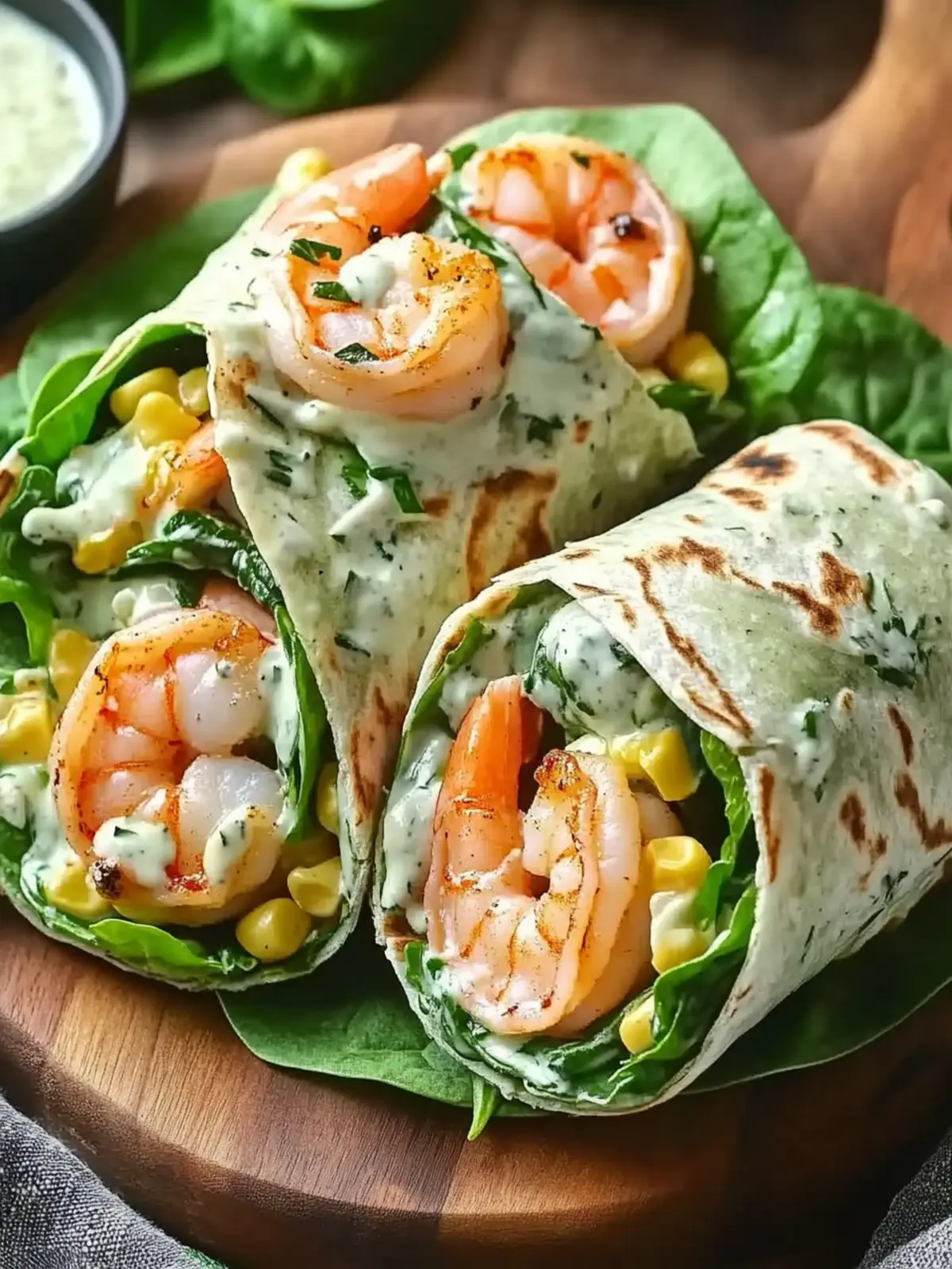 Delicious Shrimp Caesar Salad Wraps with Spinach Tortillas 3 Shrimp Caesar Salad Wraps with Spinach Tortillas and Creamy Caesar Dressing