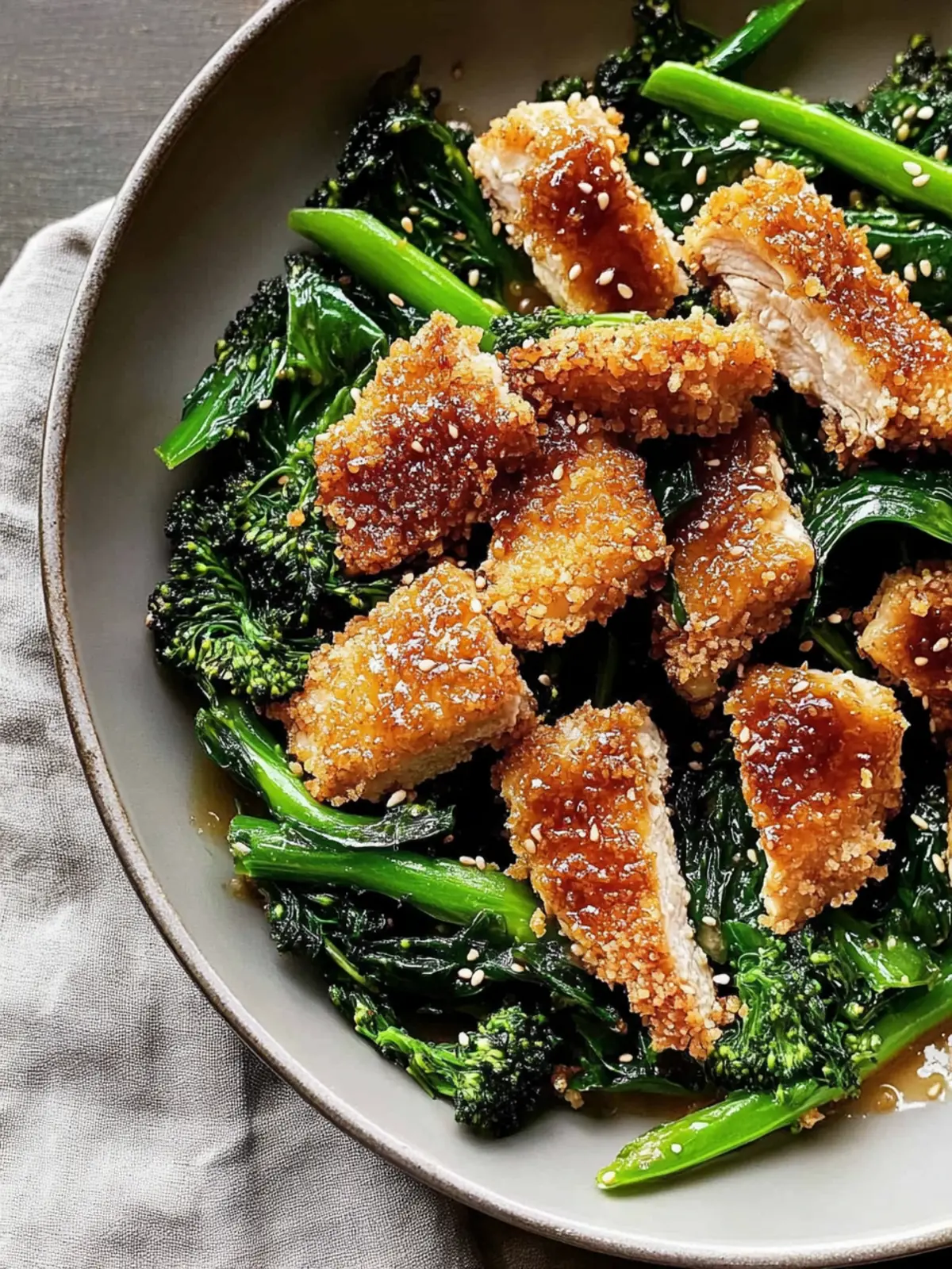 Ultimate Garlic Sesame Broccoli Rabe with Panko Crusted Chicken