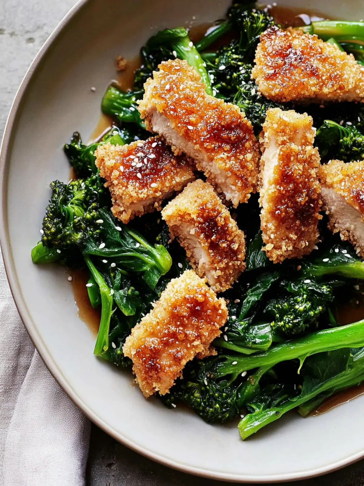 Ultimate Garlic Sesame Broccoli Rabe with Panko Crusted Chicken