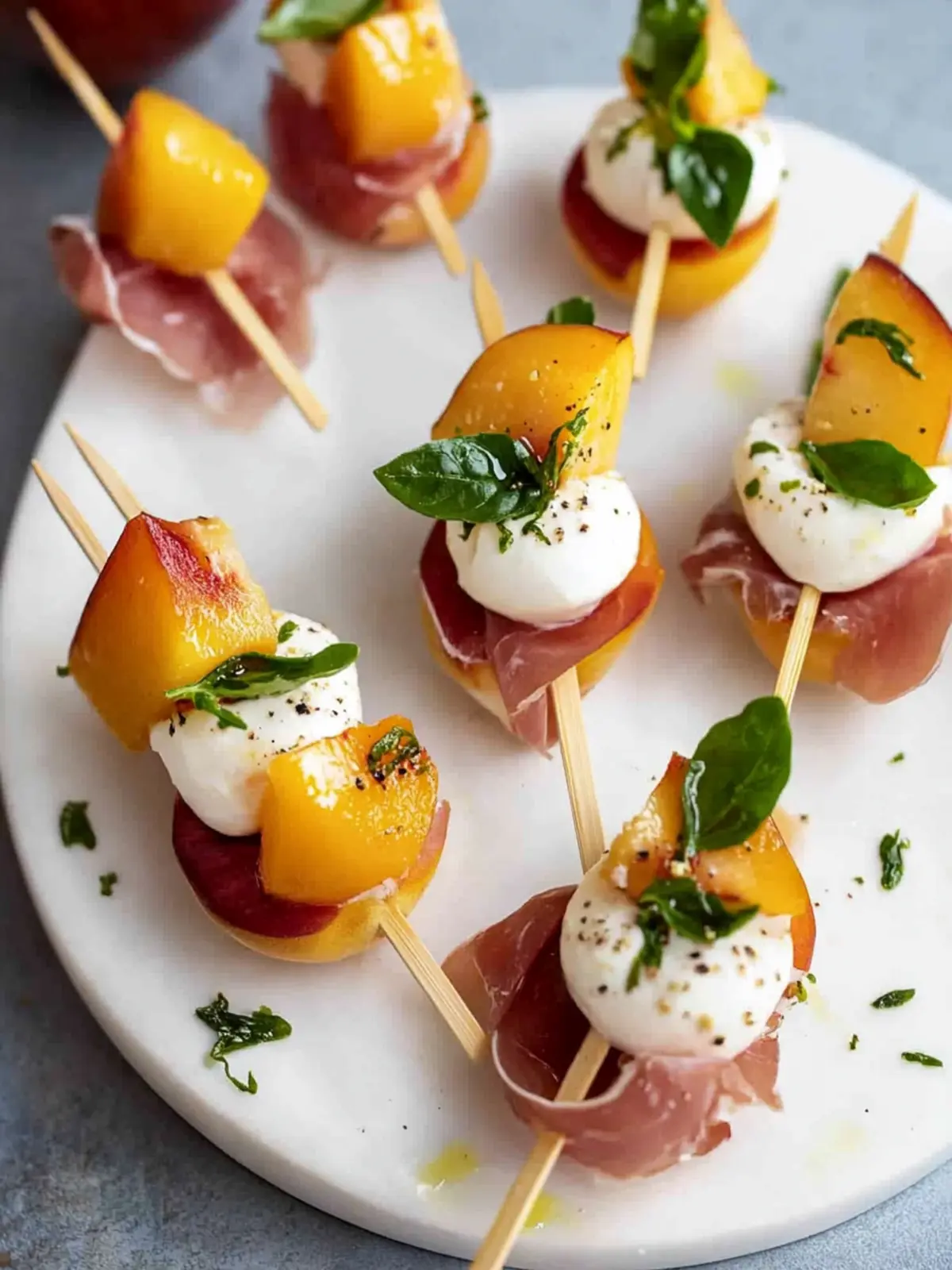 Mozzarella, Prosciutto, and Pickled Peach Skewers Delight 3 Mozzarella, Prosciutto, and Pickled Peach Appetizer Skewers