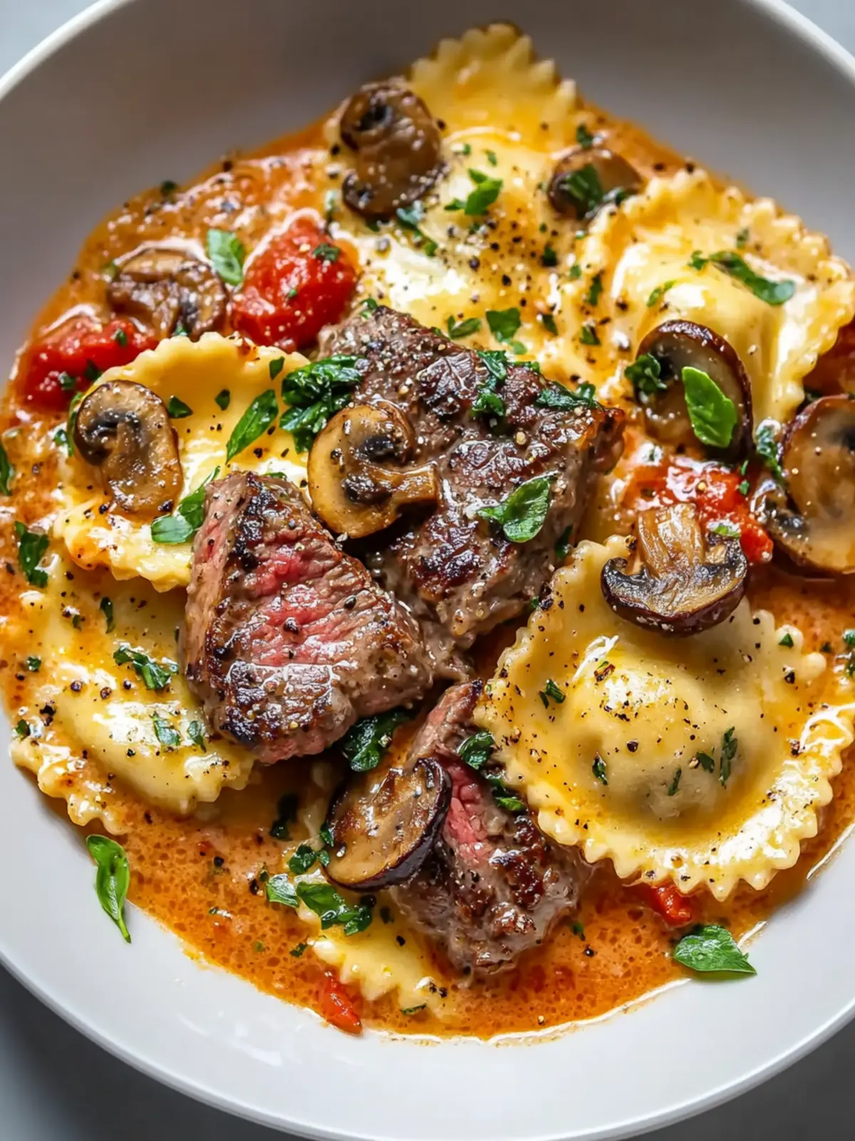 Easy Seared Steak and Mushroom Ravioli in Creamy Tomato Sauce
