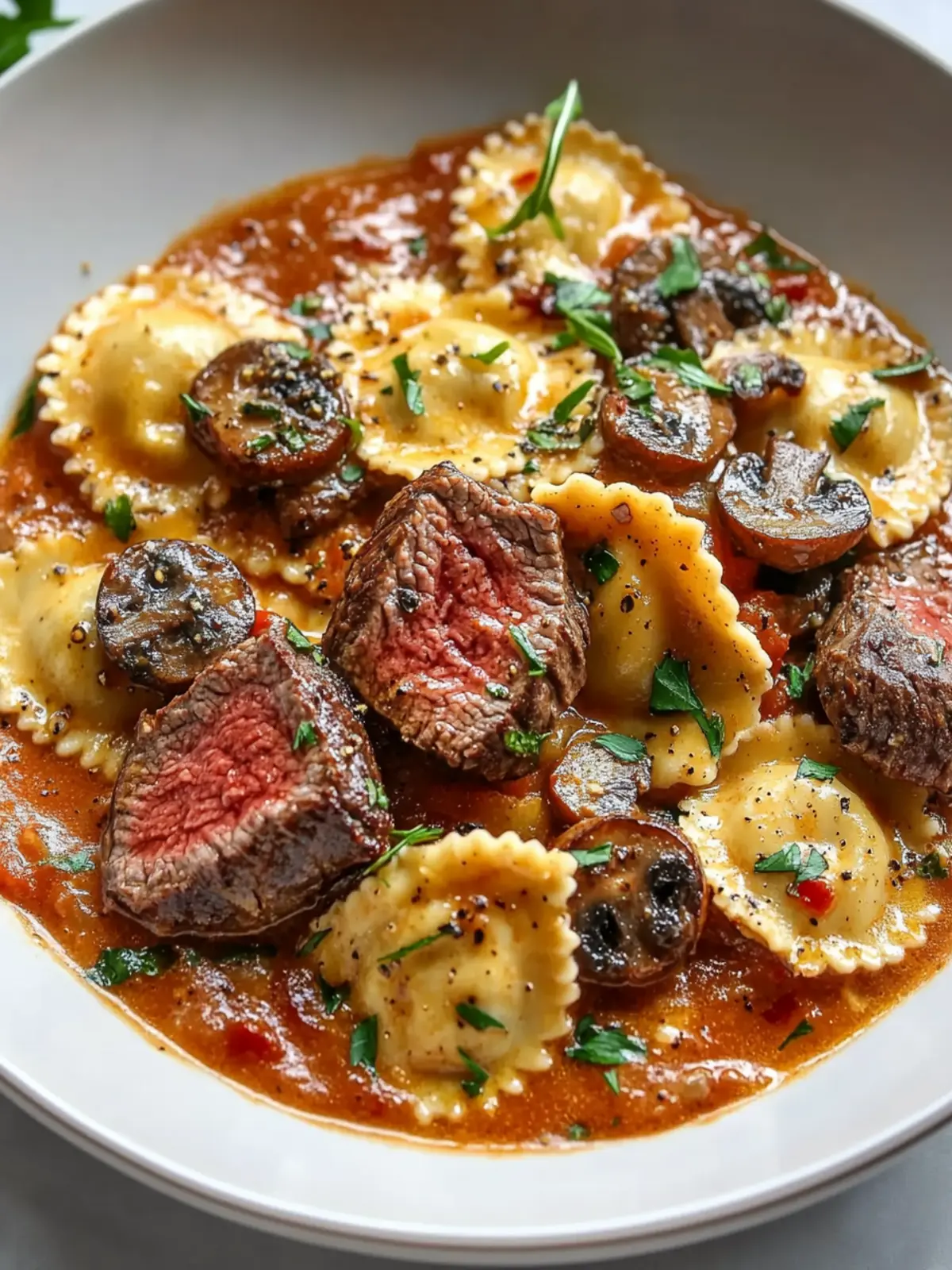 Easy Seared Steak and Mushroom Ravioli in Creamy Tomato Sauce