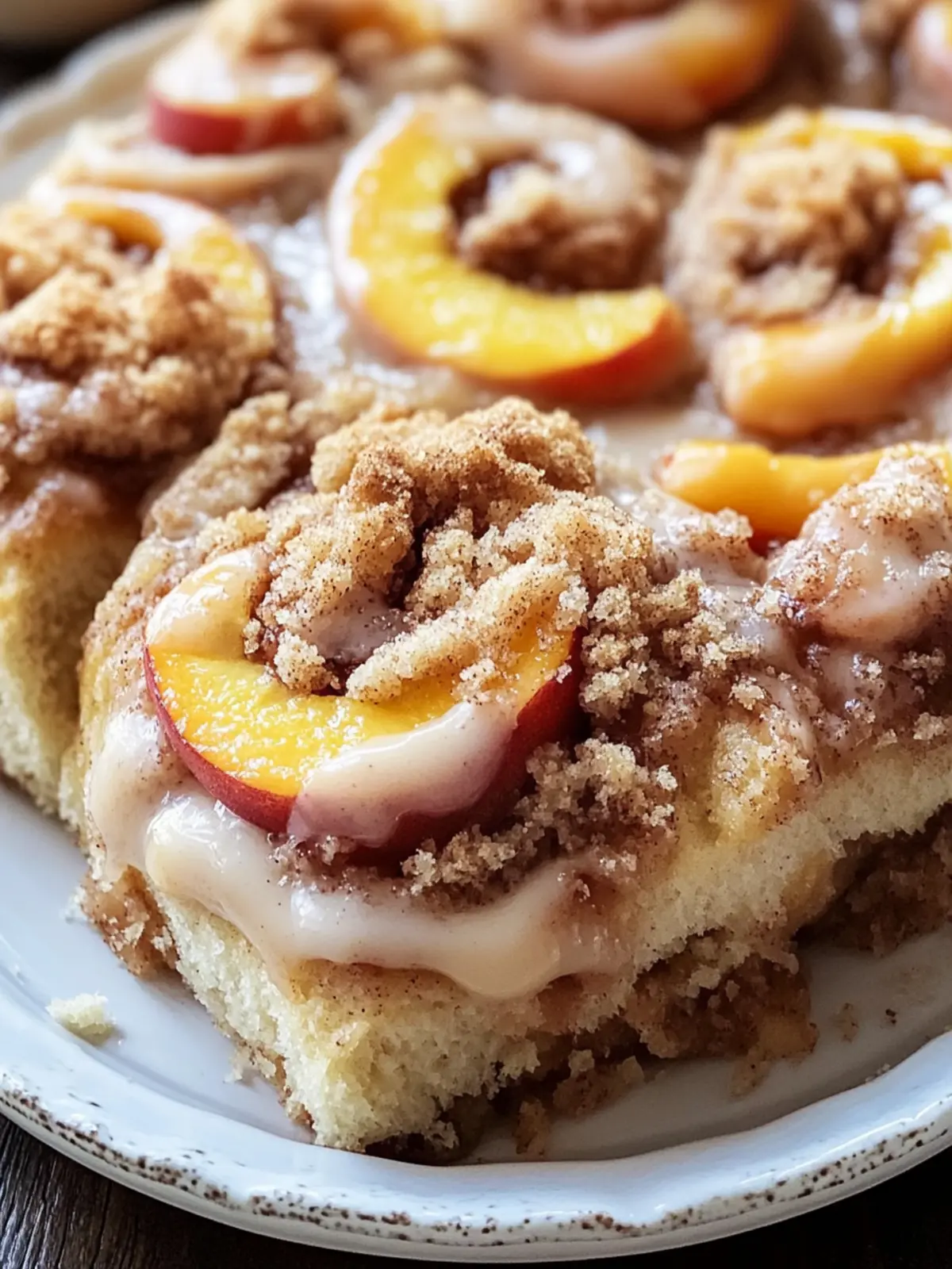 Peach Cobbler Cinnamon Rolls with Crumb Topping