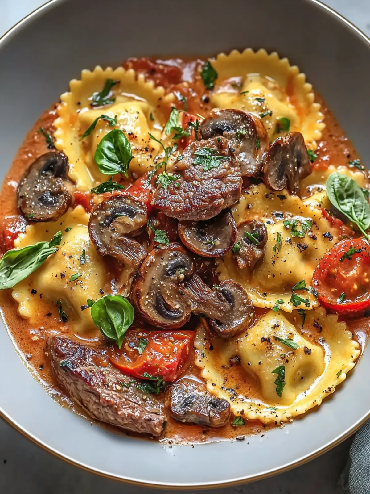 Easy Seared Steak and Mushroom Ravioli in Creamy Tomato Sauce