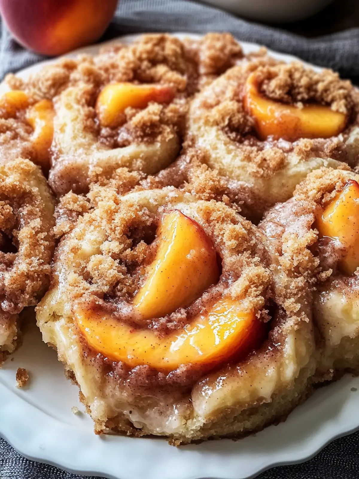 Peach Cobbler Cinnamon Rolls with Crumb Topping