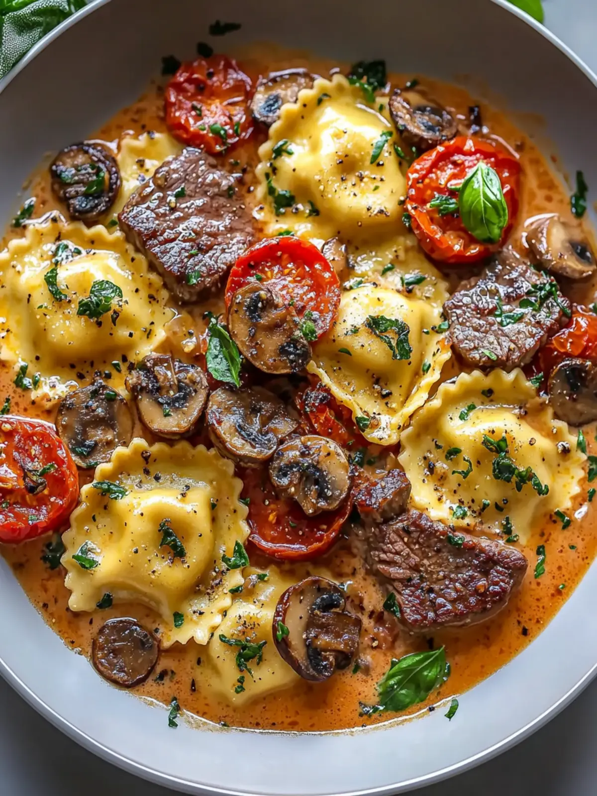 Easy Seared Steak and Mushroom Ravioli in Creamy Tomato Sauce