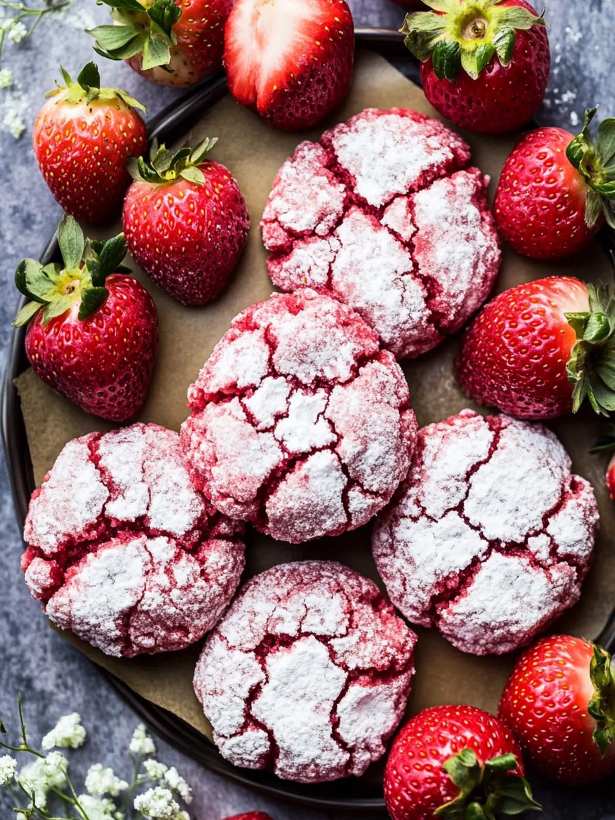 Chewy Strawberry Crinkle Cookies with Sweet White Chocolate Bliss 4 Strawberry Crinkle Cookies