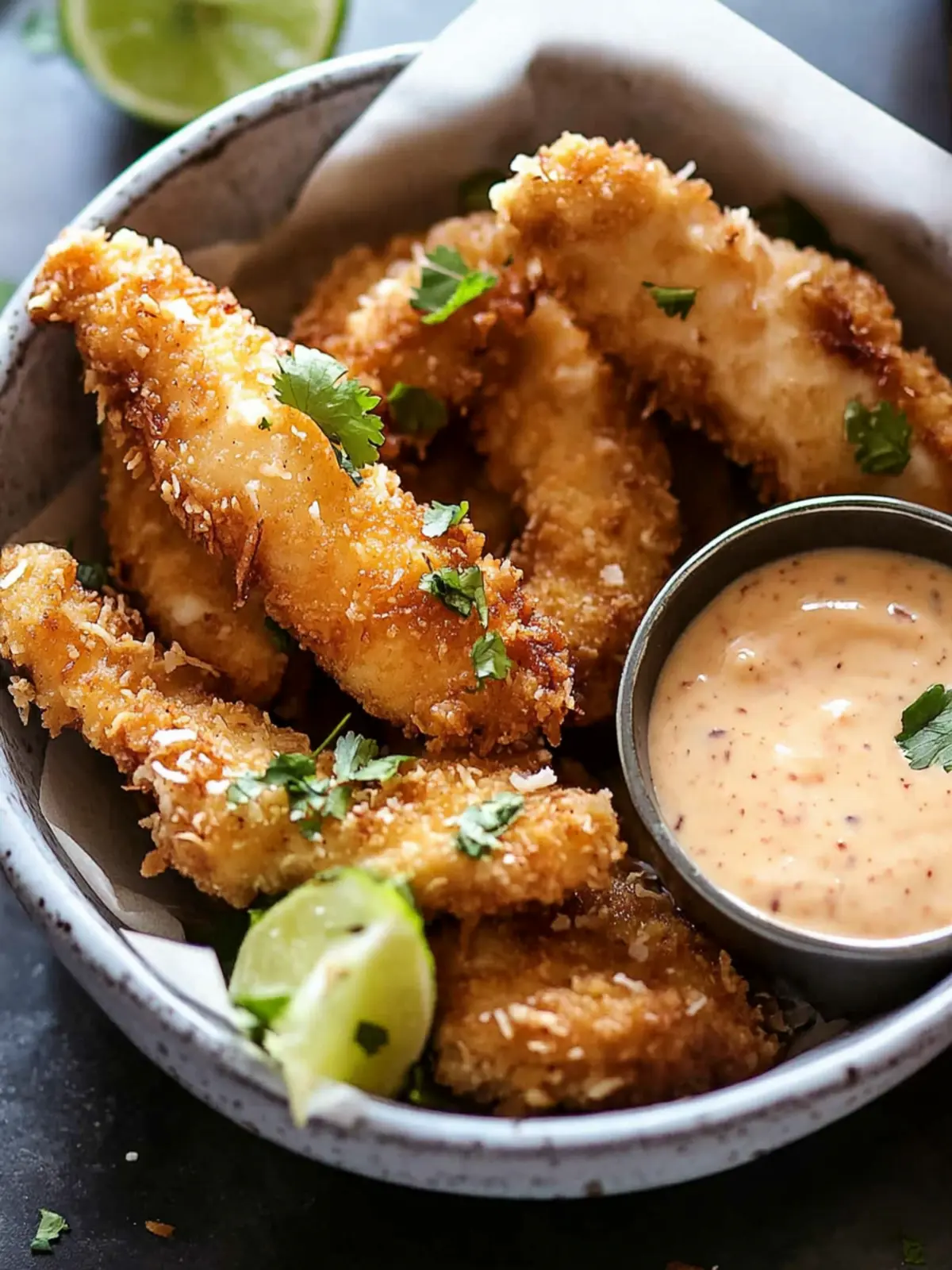 Crispy Coconut Chicken Fingers with Zesty Bang Bang Sauce 5 Coconut Chicken Fingers with Bang Bang Sauce
