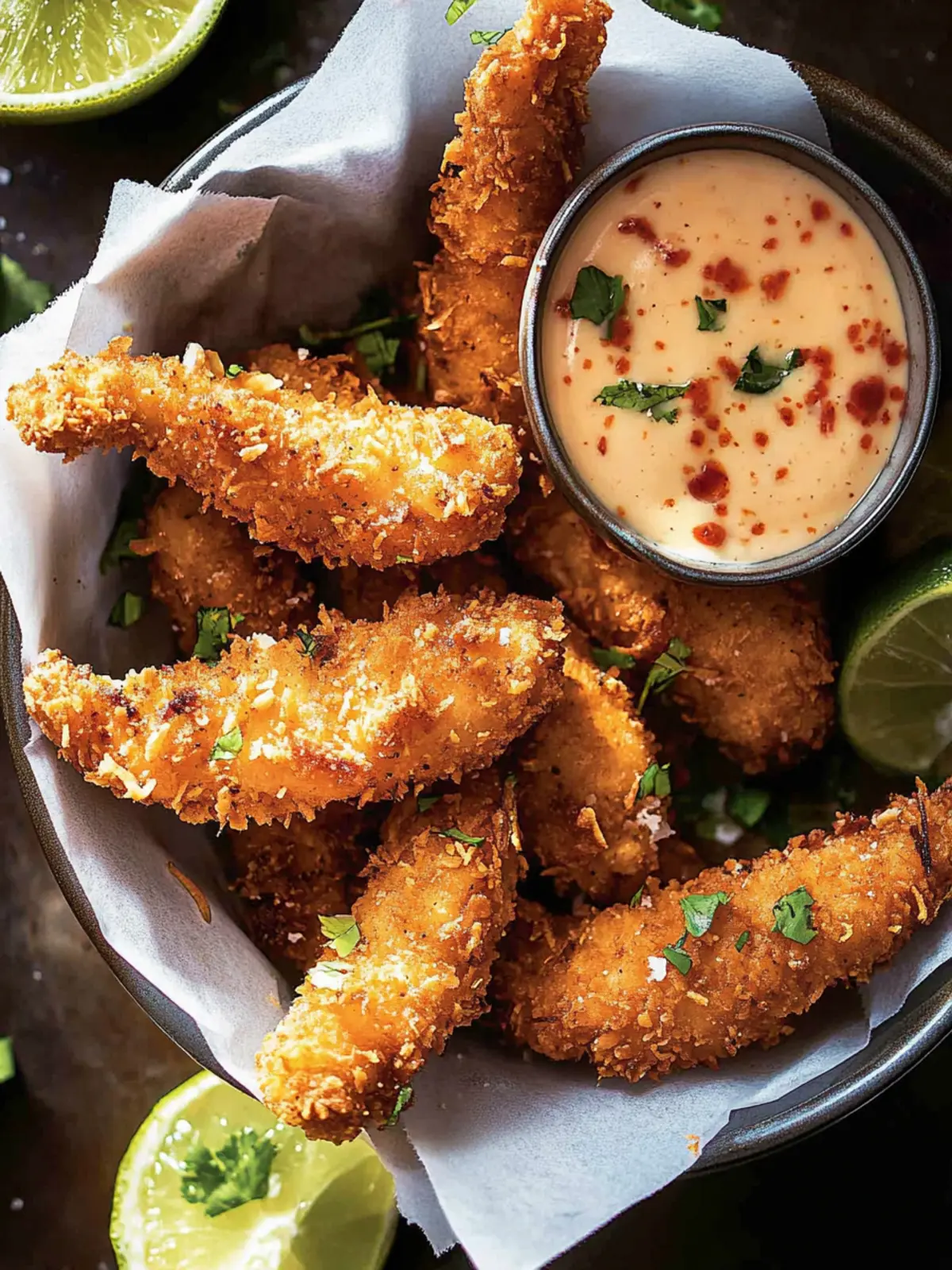 Crispy Coconut Chicken Fingers with Zesty Bang Bang Sauce 4 Coconut Chicken Fingers with Bang Bang Sauce