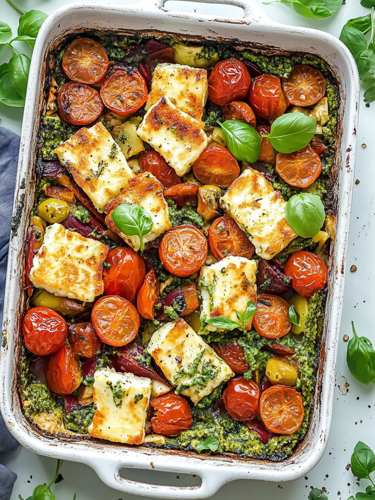 Savory Halloumi Tray Bake with Pesto Rice and Roasted Veggies 3 Halloumi Tray Bake
