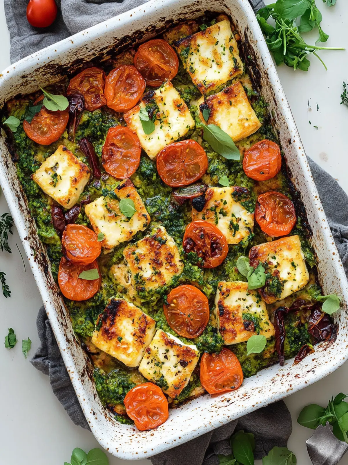 Savory Halloumi Tray Bake with Pesto Rice and Roasted Veggies 2 Halloumi Tray Bake