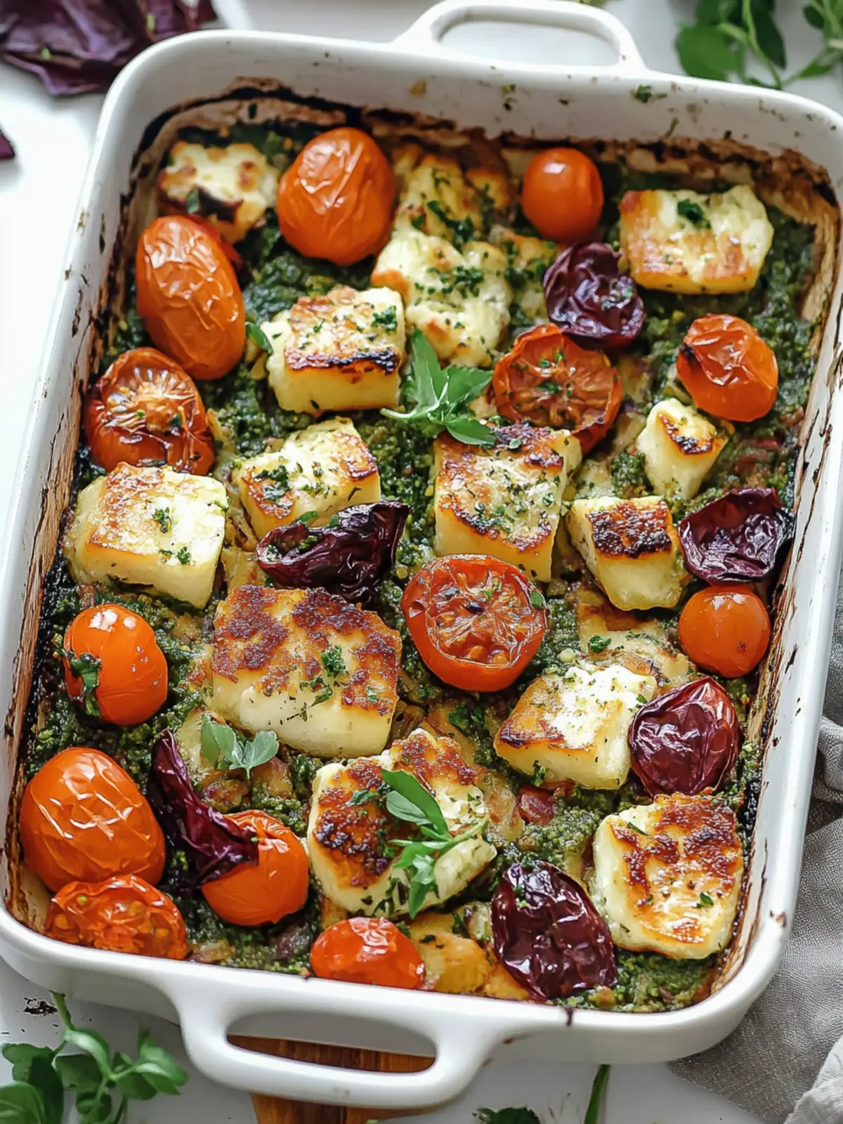 Savory Halloumi Tray Bake with Pesto Rice and Roasted Veggies 4 Halloumi Tray Bake