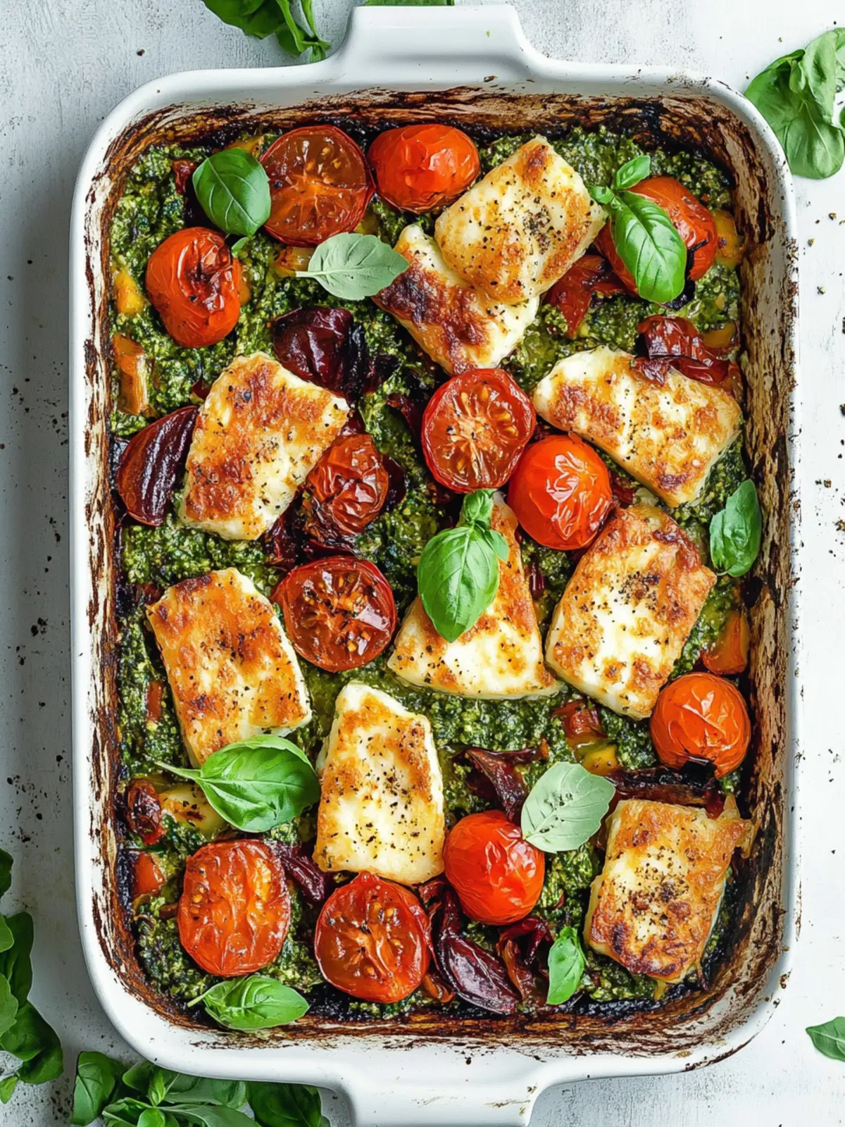 Savory Halloumi Tray Bake with Pesto Rice and Roasted Veggies 5 Halloumi Tray Bake